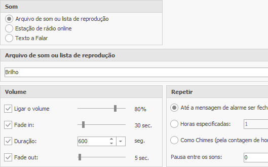 Configurações de som do alarme