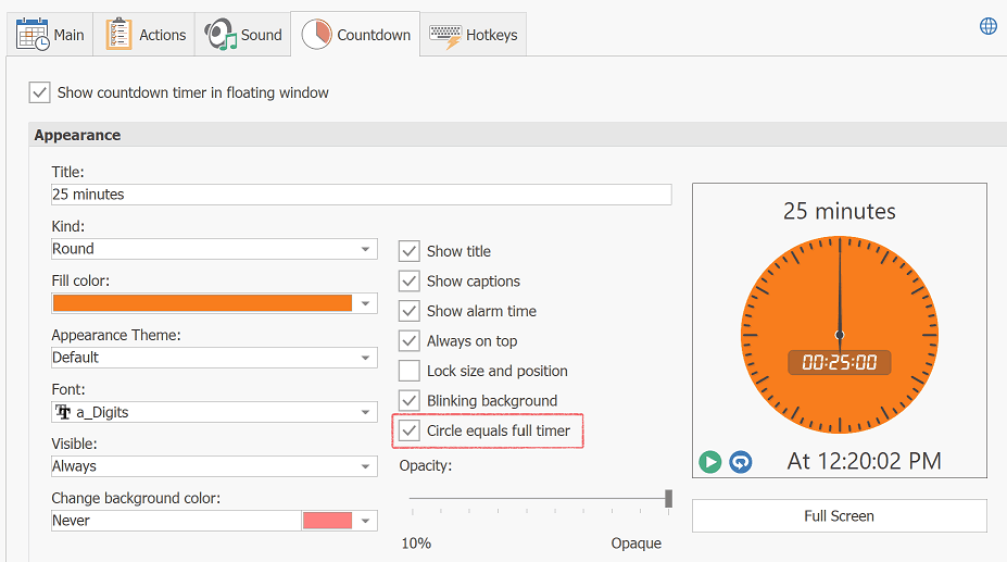 Circle equals full timer option